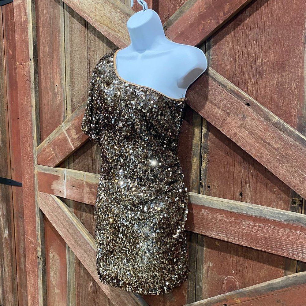 Brown Sequined Mini Dress One Shoulder Size 7 Medium Stretch Short Sleeve - Picture 2 of 13